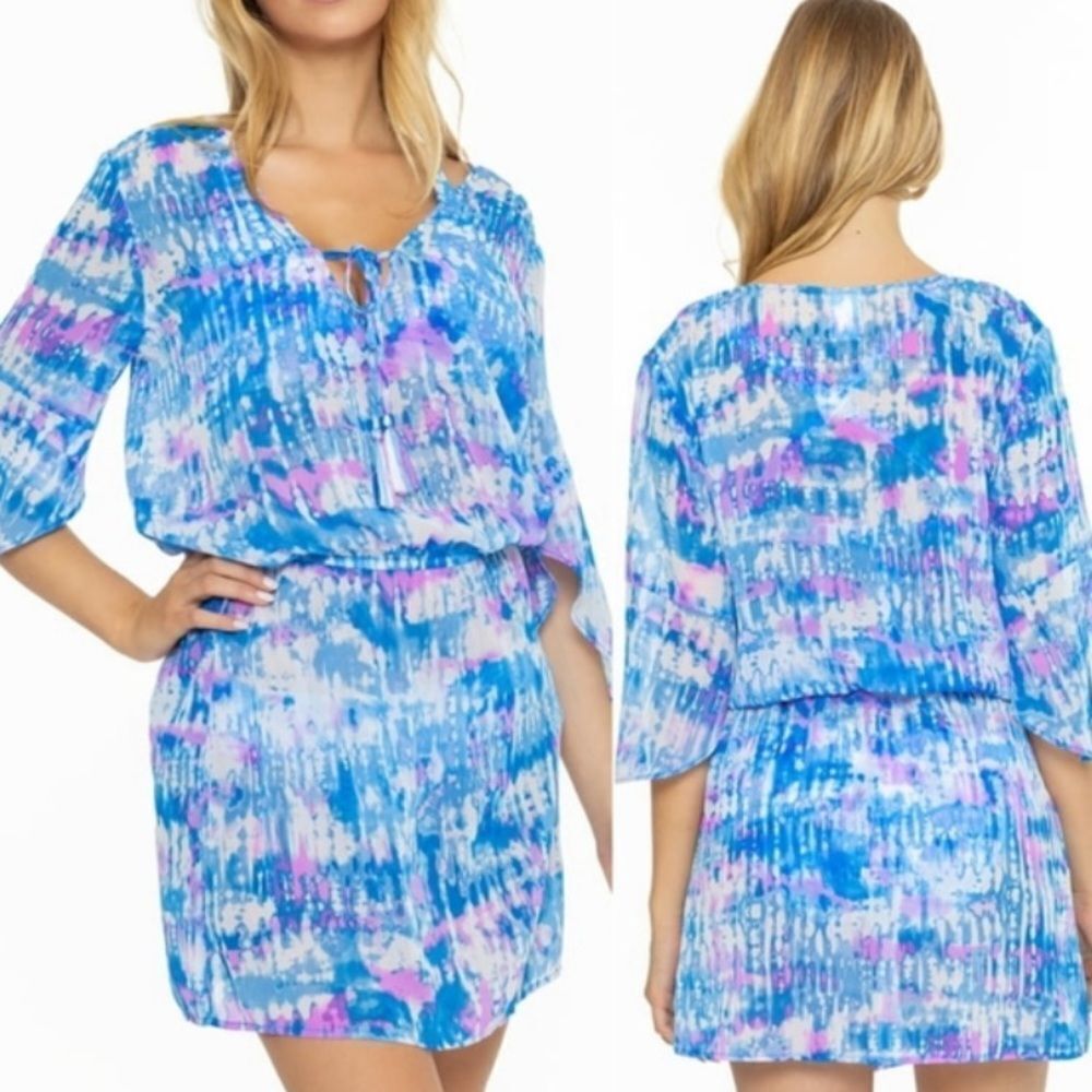 BECCA by Rebecca Vibrant Blue and Purple Tie Dye Chiffon Coverup Dress Size XL